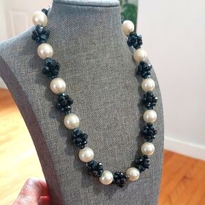 Faux Pearl Black Faceted Glass Bead Cluster Necklace 18"